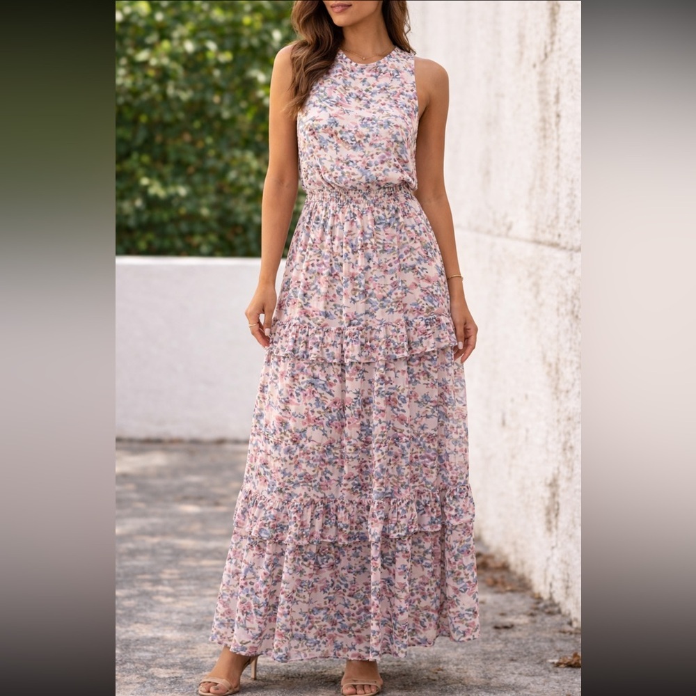 FSL Apparel floral print ruffled halter top maxi dress